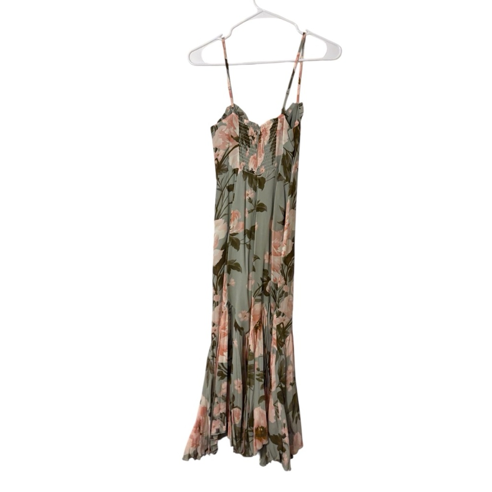 Reformation Sage Green Floral Midi Slip Dress with Pink Blooms - Picture 2 of 3